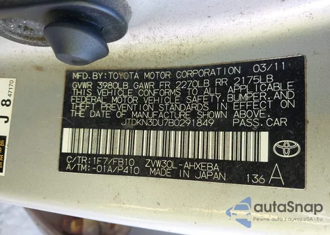 2011 Toyota Prius Two from USA, damaged, VIN JTDKN3DU7B0291849